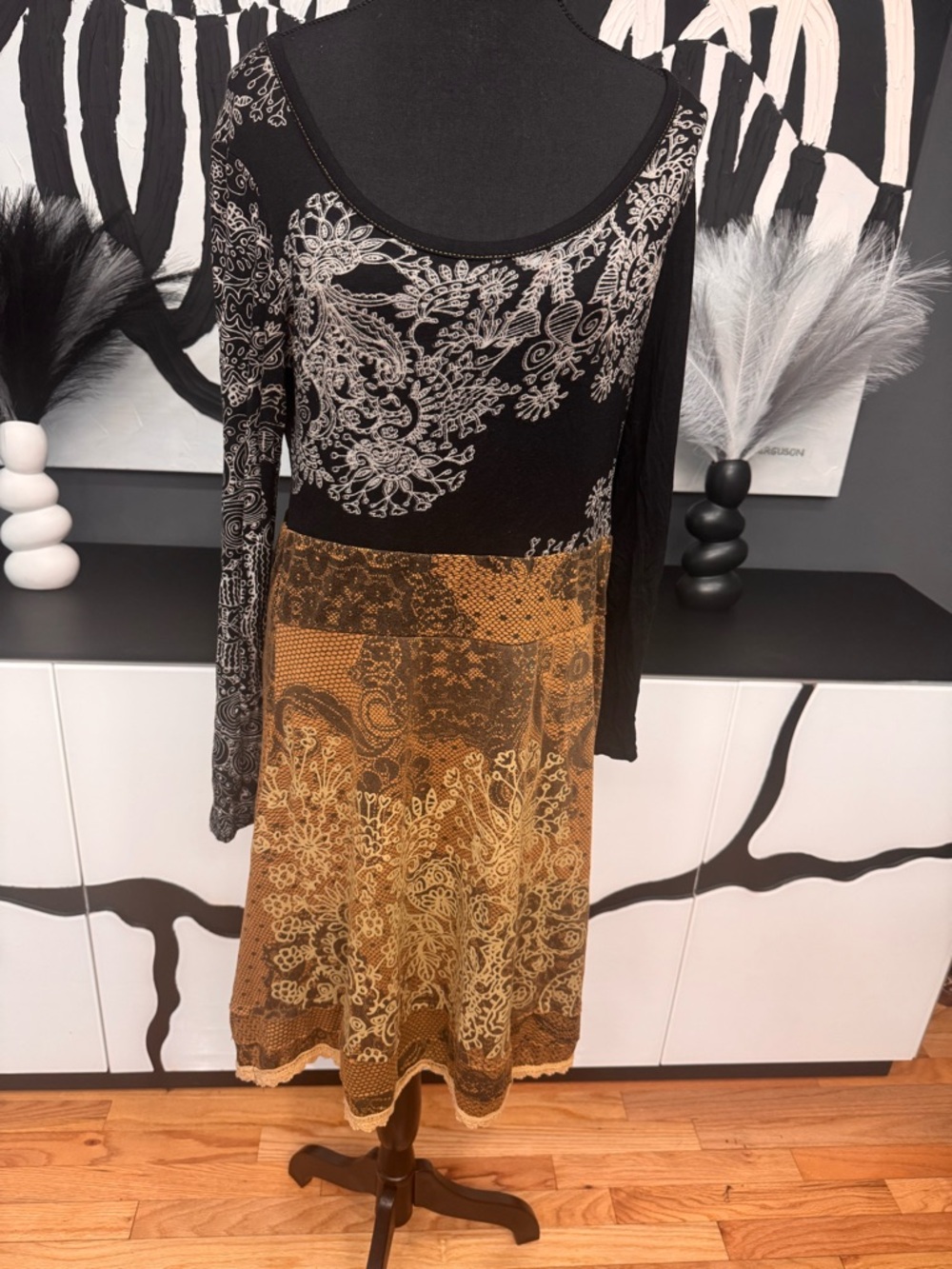 Papillon Blanc Black Mustard Print Dress Long Sleeve Vintage 2000s Large EUC